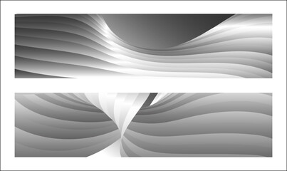 Fototapeta premium Monochrome cover design, abstract background. Wavy silver parallel gradient lines, ribbons, silk. Set of 2 backgrounds. Black and white with shades of gray banner, poster. eps vector