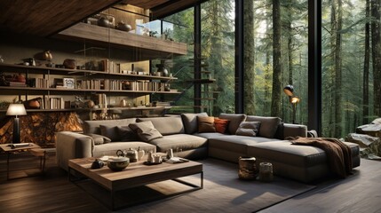 Minimalist home interior design of a modern living room with a grey corner sofa in a spacious room with big windows in a house in the forest
