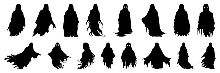 Ghost halloween horror silhouettes set, large pack of vector silhouette design, isolated white background - obrazy, fototapety, plakaty