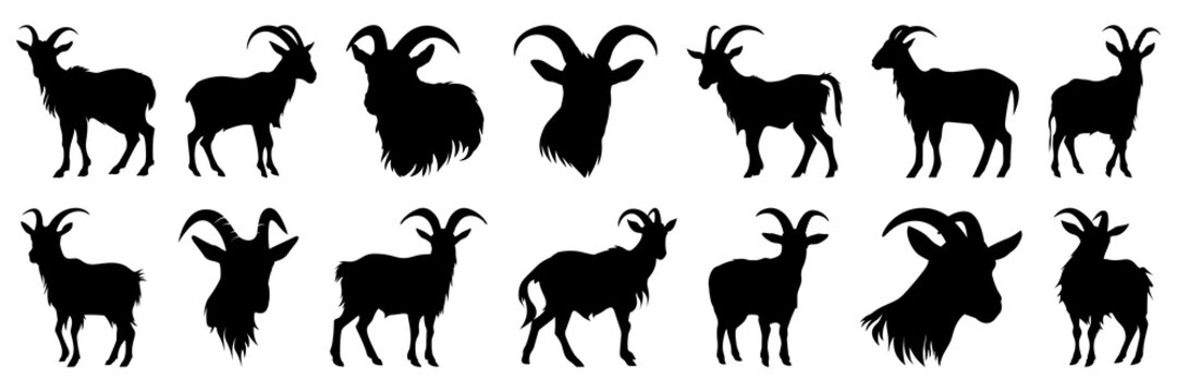 Goat silhouettes set, large pack of vector silhouette design, isolated white background