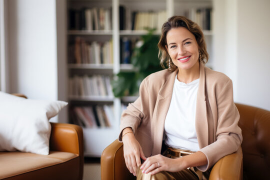 portrait of a therapist smiling, sitting in a sofa, in a cosy room