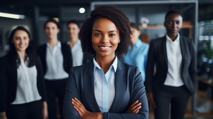 Portrait of confident african american businesswoman standing with arms crossed in office. Ai...