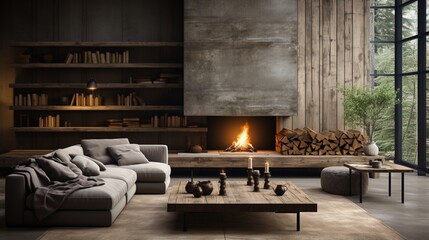 Minimalist loft interior design of a modern living room with concrete walls and a ceiling, complemented by a fireplace