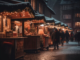 Naklejka premium Winter Wonderland: Get Lost in the Enchanting Glow of a Snowy Christmas Market!