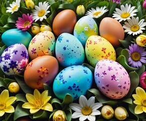 vibrant colors of Easter eggs scattered amidst a blooming field of spring flowers.