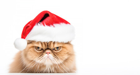 Fototapeta na wymiar funny Angry ginger cat wearing in red Santa hat isolated on white background. Christmas and 2024 New Year background, with copy space