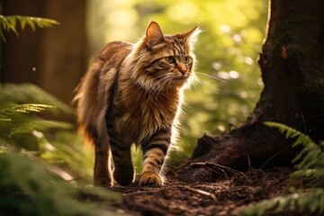 Naklejka na ściany i meble A Maine Coon cat strolls on a sunlit path in the woods.