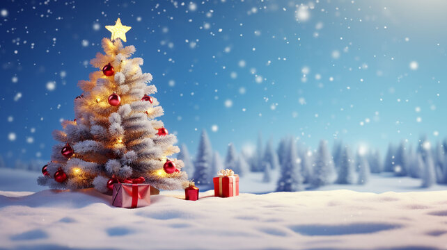  Christmas tree with  decorations.Merry Christmas and happy New Year greeting card with copy-space. 