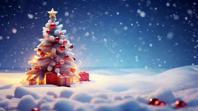  Christmas tree with  decorations.Merry Christmas and happy New Year greeting card with copy-space. 