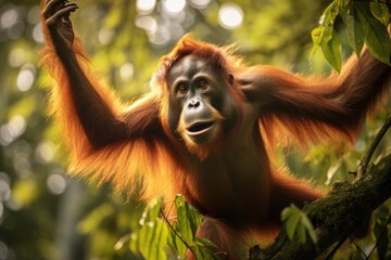Naklejka premium Sumatran orangutan swinging gracefully through the trees, surrounded by vibrant rainforest foliage