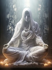 Fototapeta na wymiar Dementor ghost in white sheet doing yoga, sitting in the lotus position, AI