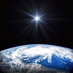 Bright star shines above the Earth in space. Birth of Jesus concept, Star of Bethlehem. Elements of...