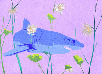Ilustracja rekin pływający wśród kwiatów różowa woda.