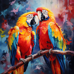 Beautiful macaw birds in rainbow colors and background