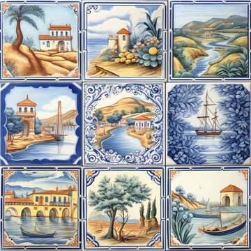 Textured seamless pattern in the style of Portuguese azulejo tiles with images of landscapes