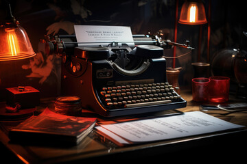 A film critic's desk with a typewriter and reviews, showcasing the role of criticism in cinema. Generative Ai.