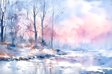 Winter watercolor abstract landscape in blue and pink tones. Generative AI