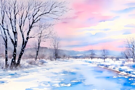 Watercolor winter landscape in delicate blue and pink tones. Generative AI