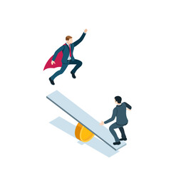 isometric business man takes off like superman from a catapult, in color on a white background, jump to success or startup