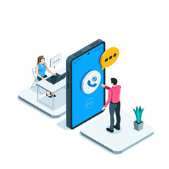 isometric man at the smartphone screen and a woman in headphones with a microphone at the computer, in color on a white background, helpline or support service