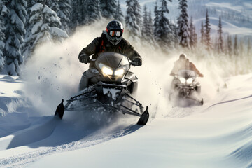 Fototapeta na wymiar Snowmobiler navigating challenging snowy terrains and trails