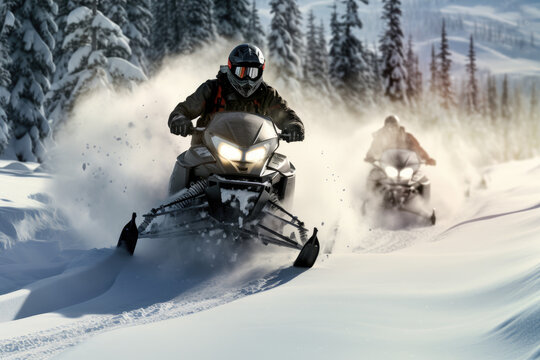 Snowmobiler navigating challenging snowy terrains and trails