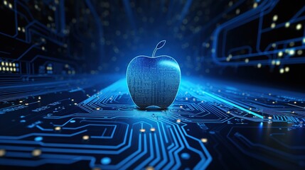 Futuristic blue apple fruit with circuit big data technology. AI generated image