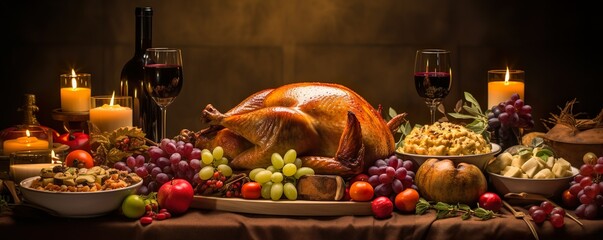 thanksgiving roast turkey on dinner table surrounded by food and candles fall aesthetic |...