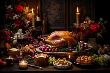 Obraz na płótnie Canvas thanksgiving roast turkey on dinner table surrounded by food and candles fall aesthetic | Generative AI