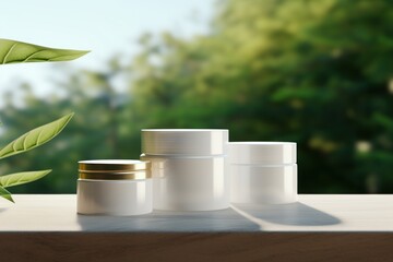 Clean mockups for cosmetic products. Three empty clean jars for face, body, and hand creams on a table on a natural green background. Mockups for design. Cosmetics. Skincare routine. For advertising. - obrazy, fototapety, plakaty