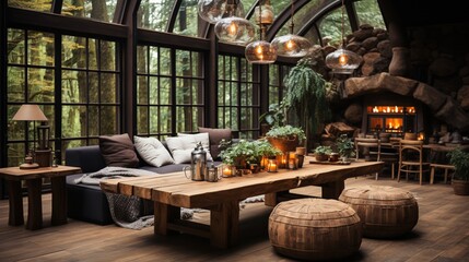 Rustic interior design of a modern living room in a country house with handmade wooden log furniture, including a round dining table and stump stool