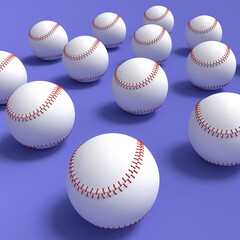 Set of softball or baseball ball lying in row on violet background.