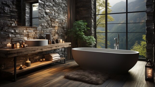 Rustic interior design of the modern bathroom features a wooden wall and a bathtub decorated with a solid wood slab, creating a harmonious and natural ambiance
