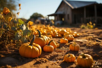 Naklejka na ściany i meble pumpkins on a pumpkin patch farm autumn fall festival with lights and people