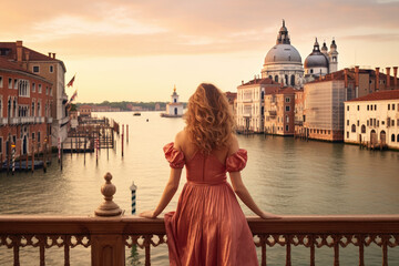 Woman traveler standing on a picturesque bridge in Venice, Italy, overlooking the Grand Canal and historic buildings