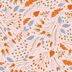 Autumn park seamless pattern. Abstract plant background with falling leaves, berries and tree branches. Doodle style vector illustration of fairy forest.