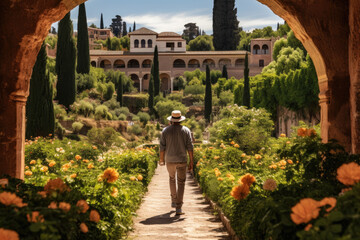 Traveler strolling through the enchanting gardens of the Alhambra in Granada, Spain
