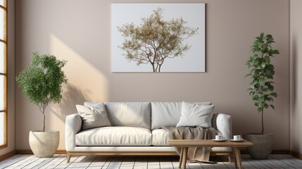 Scandinavian home interior design of a modern living room with a sofa and potted tree against a beige wall, featuring a big blank mock-up poster frame