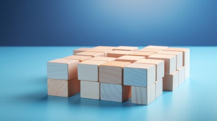 Wooden blocks thoughtfully interconnected on a serene blue background, symbolizing the powerful concepts of teamwork, network building, and fostering a sense of community
