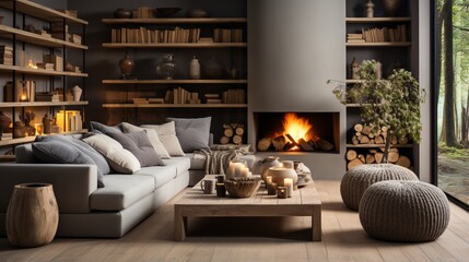 Scandinavian home interior design of a modern living room with a sofa and poufs arranged against a fireplace and wooden shelving units