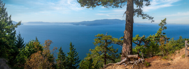 Mountain overlook with a view of the San Juan Islands. The vista includes Orcas Island across Rosario Strait as seen from the Baker Preserve on Lummi Island, Washington.  - 652487380