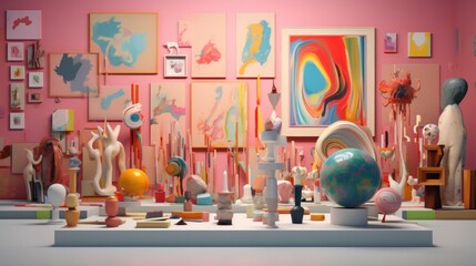 An art gallery scene brought to life in 3D illustration, showcasing a curated collection of canvas paintings and meticulously arranged plastic models. This captivating display invites viewers 