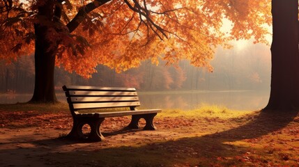 A solitary bench nestled within the serene beauty of an autumn park, offering a tranquil escape into the heart of the vibrant fall landscape