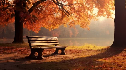 Fotobehang A solitary bench nestled within the serene beauty of an autumn park, offering a tranquil escape into the heart of the vibrant fall landscape © Chingiz