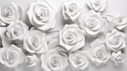A 3D illustration showcasing a voluminous panel of white roses in various sizes, casting shadows on a pristine white background. This festive and visually striking composition features a three-dimensi
