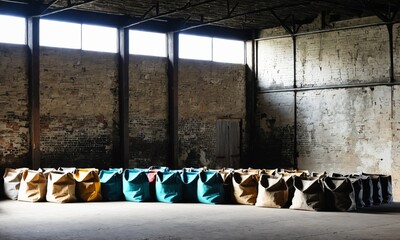 Old warehouse with canvas bags.