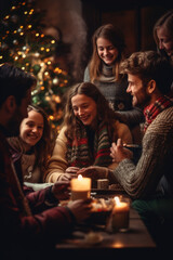Obraz na płótnie Canvas A cozy, homely scene of a family gathered around a crackling fireplace, wearing sweaters, and sipping hot cocoa, with a decorated Christmas tree in the background