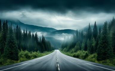 a dreary forest road with a white line and large trees at the side,