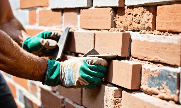 Closeup of bricklayer hands laying brick wall of house