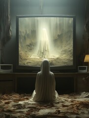 Creepy ghost woman in white sheet watching TV. AI